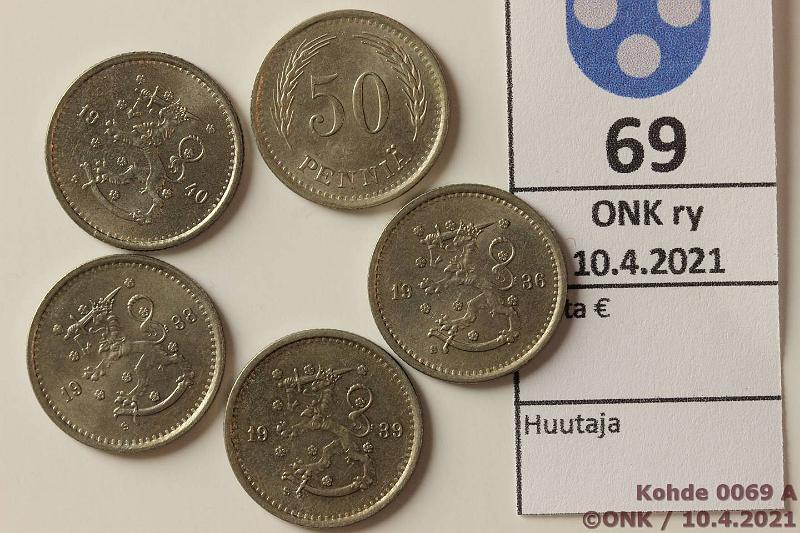 k-0069-a.jpg - Kohde 69, lhthinta: 5 € / myyntihinta: 5 € 50 p 1936-40 (5) CuNi, 1936, -37, -38, -39, -40, kauniita!, kunto: 7-9