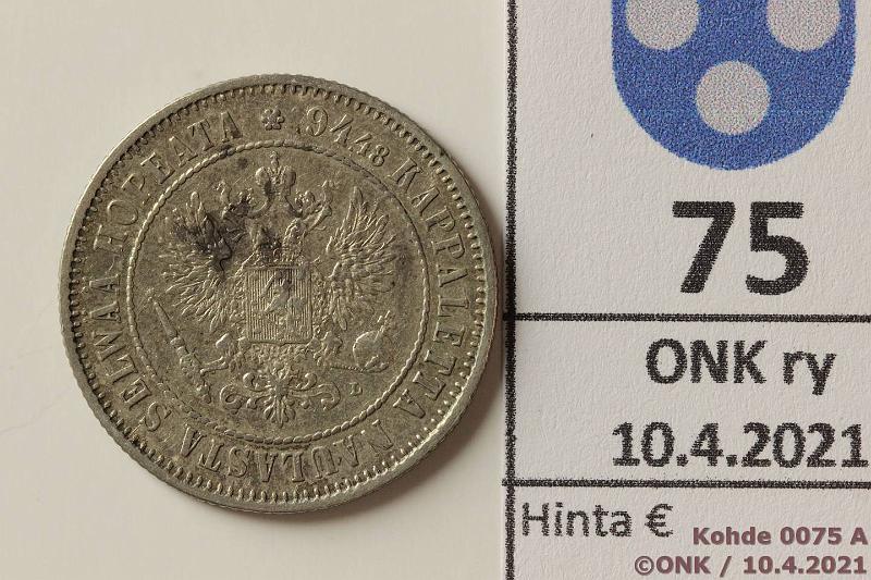 k-0075-a.jpg - Kohde 75 (kuva 1/2), lhthinta: 5 € / myyntihinta: 5 € 1 mk 1890 Ag, hpja, hnja, kunto: 6