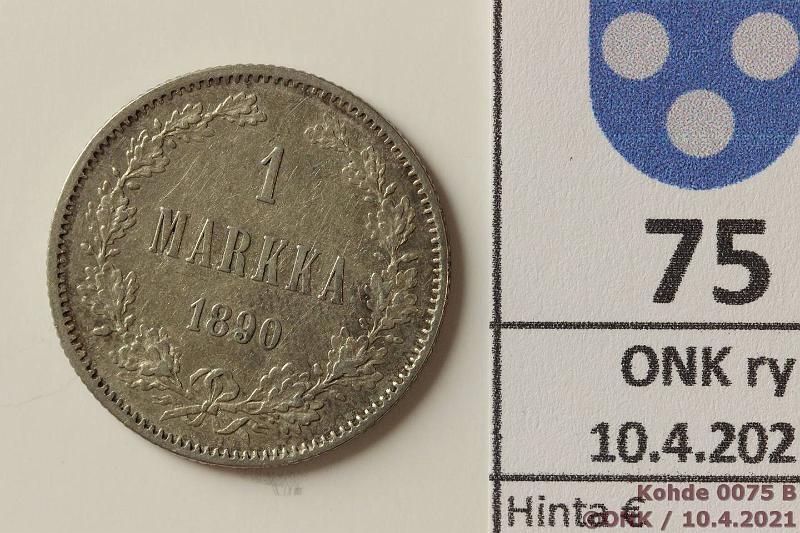 k-0075-b.jpg - Kohde 75 (kuva 2/2), lhthinta: 5 € / myyntihinta: 5 € 1 mk 1890 Ag, hpja, hnja, kunto: 6