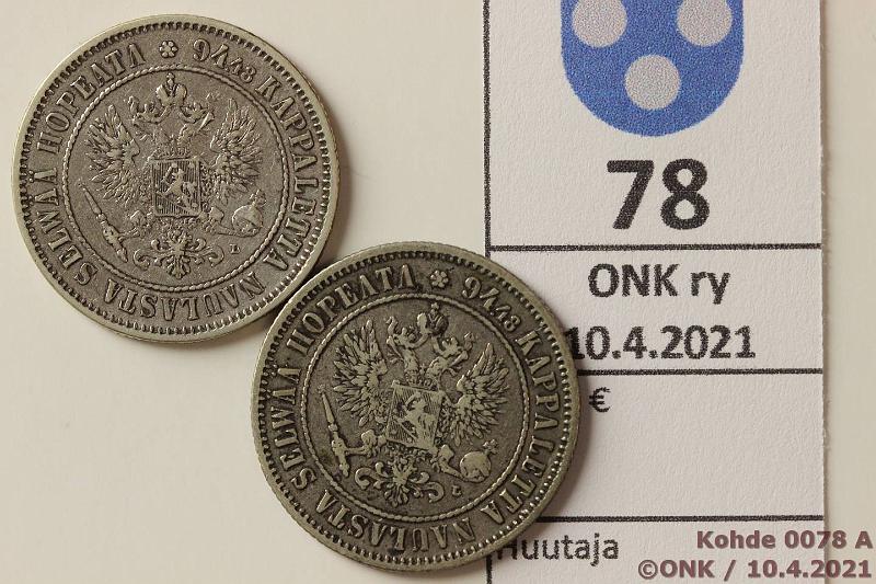 k-0078-a.jpg - Kohde 78 (kuva 1/2), lhthinta: 10 € / myyntihinta: 10 € 1 mk 1890, -92 Ag, kunto: 5