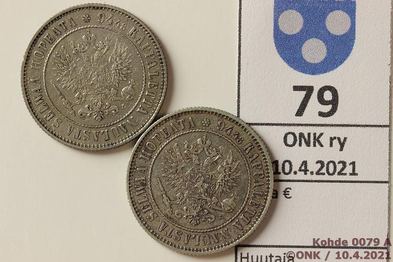 k-0079-a.jpg - Kohde 79 (kuva 1/2), lhthinta: 10 € / myyntihinta: 10 € 1 mk 1892, -93 Ag, phpja, hnja, kunto: 6