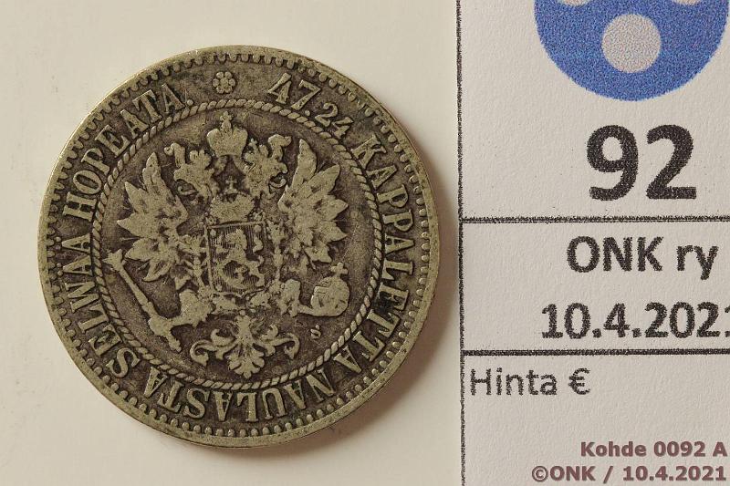 k-0092-a.jpg - Kohde 92 (kuva 1/2), lhthinta: 10 € / myyntihinta: 10 € 2 mk 1865 Ag, SNY 493.2, ei palloja, kunto: 4