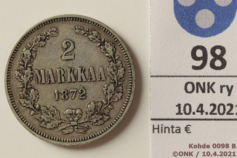 k-0098-b.jpg - Kohde 98 (kuva 2/2), lhthinta: 10 € / myyntihinta: 10 € 2 mk 1872 Ag, kansiohometta, kunto: 4