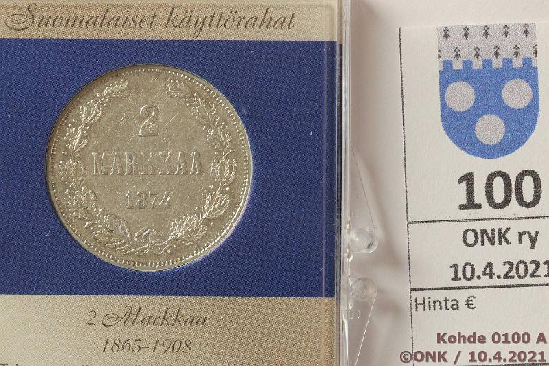 k-0100-a.jpg - Kohde 100, lhthinta: 10 € / myyntihinta: 10 € 2 mk 1874 Ag, Monetan saranakapselissa, kunto: 3/4