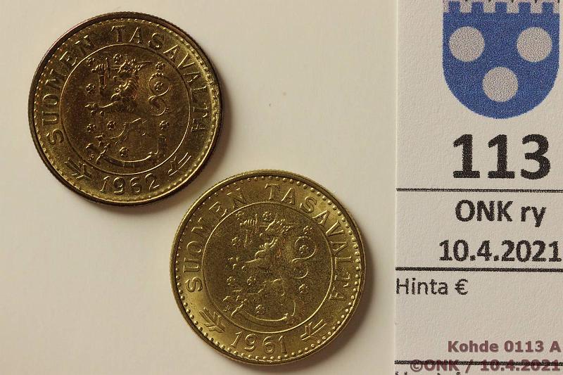 k-0113-a.jpg - Kohde 113 (kuva 1/2), lhthinta: 5 € / myyntihinta: 5 € 20 mk 1961, -62 AlBr, erittin kauniit!, kunto: 8, 9