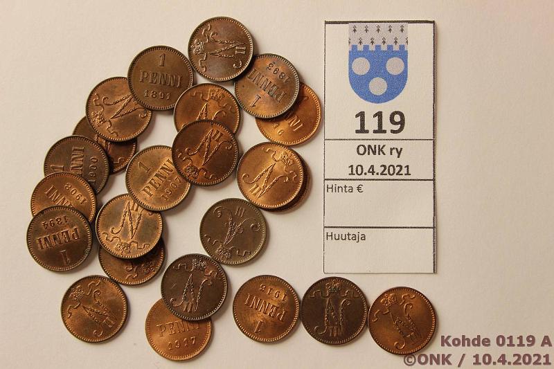 k-0119-a.jpg - Kohde 119, lhthinta: 50 € / myyntihinta: 71 € 1 p 1888-1917 (23) Cu, 1888, -91, -93, -94(hnja), -98, -99, 1900, -01, -02, -03 iso3, -04, -05, -06, -07, -08, -09, -11, -12, -13, -14, -15, -16, -17. Kaikissa leimakiiltoa, osassa hpja, kunto: 7-9