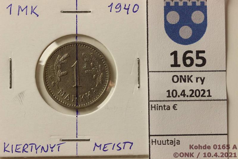 k-0165-a.jpg - Kohde 165 (kuva 1/2), lhthinta: 50 € / myyntihinta: 50 € 1 mk 1940 CuNi, iso meistin kiertym, kiertym lhes 90 astetta!, kunto: 7