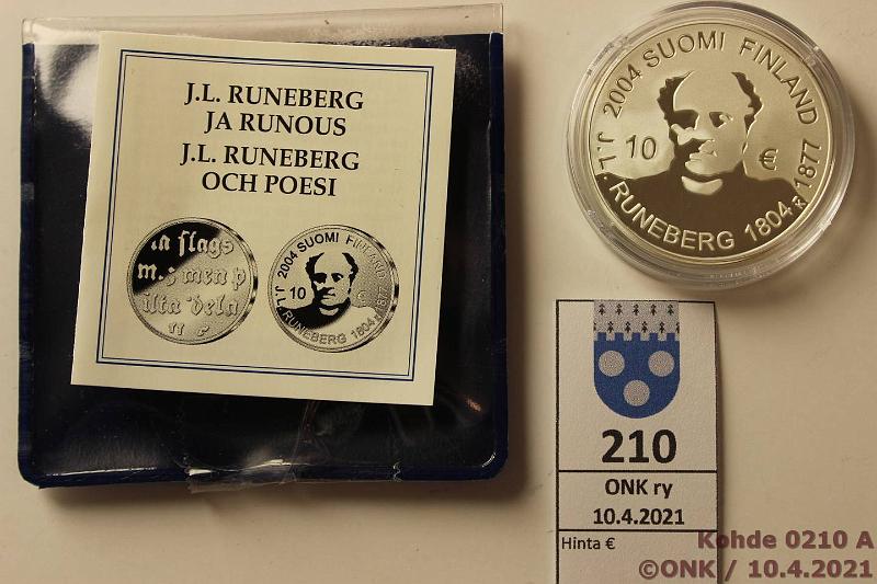 k-0210-a.jpg - Kohde 210, lhthinta: 12 € / myyntihinta: 14 € 10 € 2004 Ag, Proof, Runeberg, kotelo, tod, kunto: 10