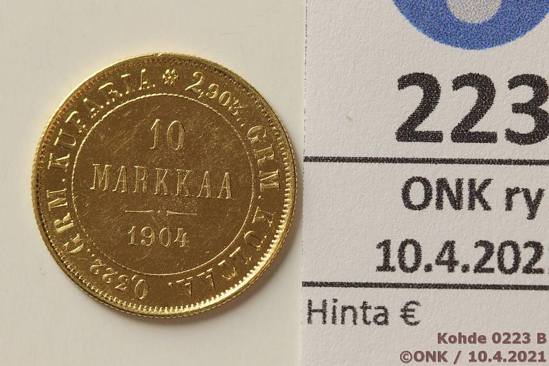 k-0223-b.jpg - Kohde 223 (kuva 2/2), lhthinta: 450 € / myyntihinta: 530 € 10 mk 1904 Au, hnja. Harvinaisempi, kunto: 8/9