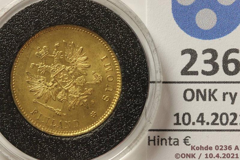 k-0236-a.jpg - Kohde 236 (kuva 1/2), lhthinta: 250 € / myyntihinta: 350 € 20 mk 1913 Au, arvopuolella hnja, kapseli, puulaatikossa, kunto: 9/8