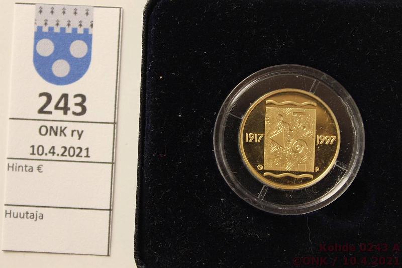 k-0243-a.jpg - Kohde 243 (kuva 1/2), lhthinta: 250 € / myyntihinta: 351 € 1000 mk 1997 Au, Proof, 8,64g/900, Itsenisyys 80v, laatikko, tod, kunto: 10