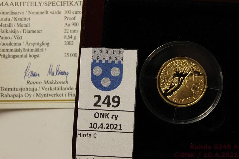 k-0249-a.jpg - Kohde 249 (kuva 1/2), lhthinta: 200 € / myyntihinta: 340 € 100 € 2002 Au, Proof, 8,64g/900, Keskiyn aurinko, laatikko, n:o 000037, tod, kunto: 10