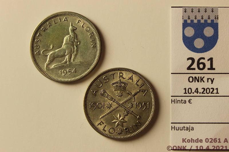 k-0261-a.jpg - Kohde 261 (kuva 1/2), lhthinta: 8 € / myyntihinta: 9 € Australia 1 florin (2) 1951, -54 KM#48, 55 Ag, 2 x 11,31g/500, kunto: 7