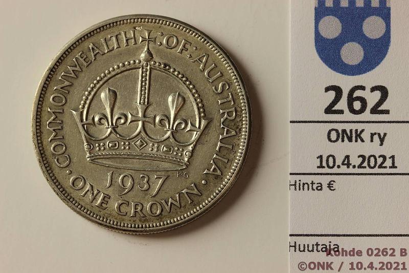 k-0262-b.jpg - Kohde 262 (kuva 2/2), lhthinta: 12 € / myyntihinta: 21 € Australia 1 crown 1937 KM#34 Ag, 28,28g/925, kunto: 6