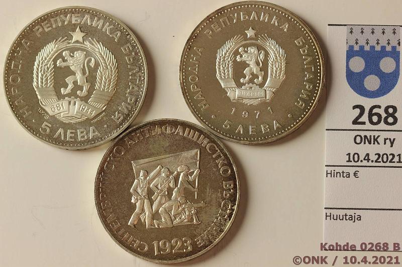 k-0268-b.jpg - Kohde 268 (kuva 2/2), lhthinta: 15 € / myyntihinta: 29 € Bulgaria 5 leva (3) 1971, -73(2) KM#79, 82, 83 Ag, 3 x 20,5g/900, Proof. Rakovski, Levski, Anti-fasistit, kunto: 9