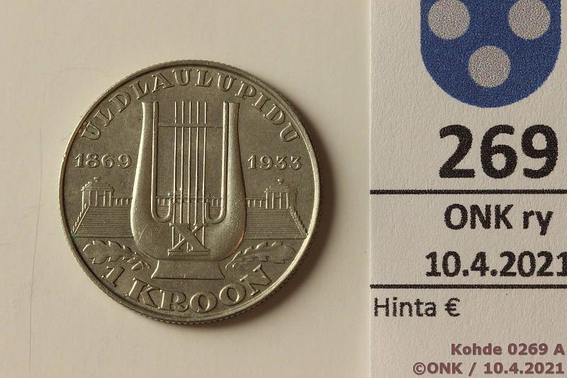 k-0269-a.jpg - Kohde 269 (kuva 1/2), lhthinta: 20 € / myyntihinta: 84 € Eesti 1 kr 1933 KM#14 Ag, 6g/500, 10. Song Festival, kunto: 8