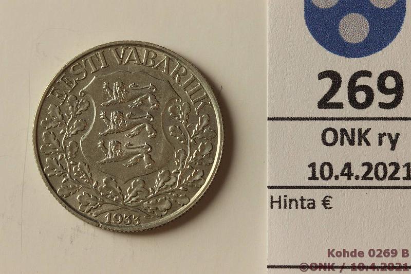 k-0269-b.jpg - Kohde 269 (kuva 2/2), lhthinta: 20 € / myyntihinta: 84 € Eesti 1 kr 1933 KM#14 Ag, 6g/500, 10. Song Festival, kunto: 8