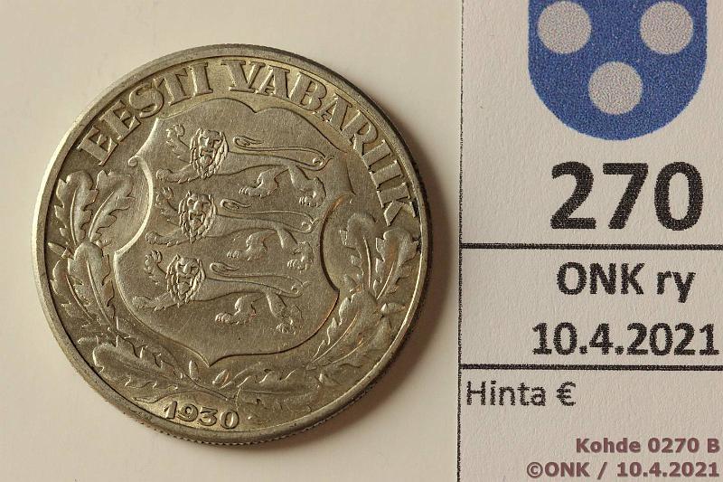 k-0270-b.jpg - Kohde 270 (kuva 2/2), lhthinta: 5 € / myyntihinta: 8 € Eesti 2 kr 1930 KM#20 Ag, 12g/500, Toompea Fortress, kunto: 7