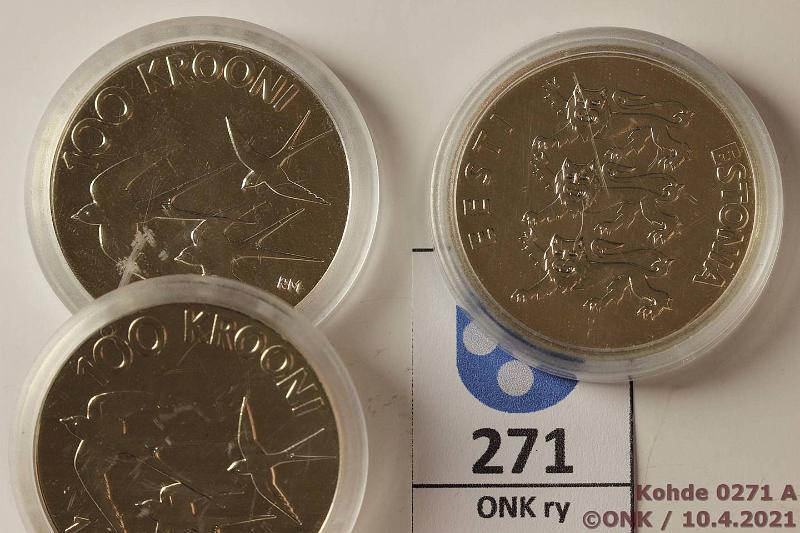 k-0271-a.jpg - Kohde 271, lhthinta: 20 € / myyntihinta: 45 € Eesti 100 kr (3) 1992 KM#27 Ag, Prooflike 3 x 24g/925, kaps, kunto: 9