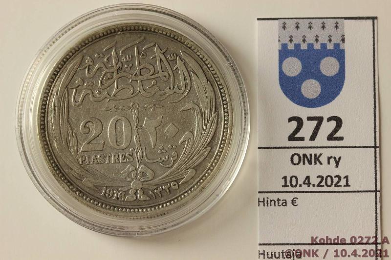 k-0272-a.jpg - Kohde 272 (kuva 1/2), lhthinta: 15 € / myyntihinta: 17 € Egypti 20 piastres AH1335(1916) KM#321 Ag, 28g/833, kunto: 5