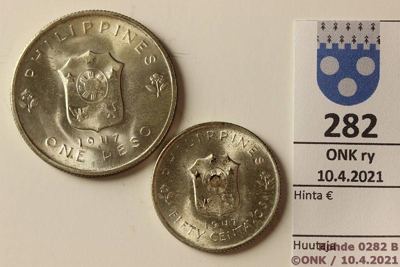 k-0282-b.jpg - Kohde 282 (kuva 2/2), lhthinta: 12 € / myyntihinta: 25 € Filippiinit 50 c + 1 peso 1947 KM#1984, 185 Ag, 10g/750 + 20g/900, kunto: 8