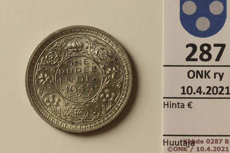 k-0287-b.jpg - Kohde 287 (kuva 2/2), lhthinta: 10 € / myyntihinta: 10 € Intia 1 rupee 1945L KM#557.1 Ag, 11,66g/500, pieni 5, kunto: 7