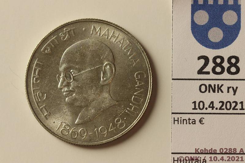 k-0288-a.jpg - Kohde 288 (kuva 1/2), lhthinta: 10 € / myyntihinta: 10 € Intia 10 rupees ND (1969) KM#185 Ag, 15g/800, Mahatma Gandhi, Mumbai, kunto: 7