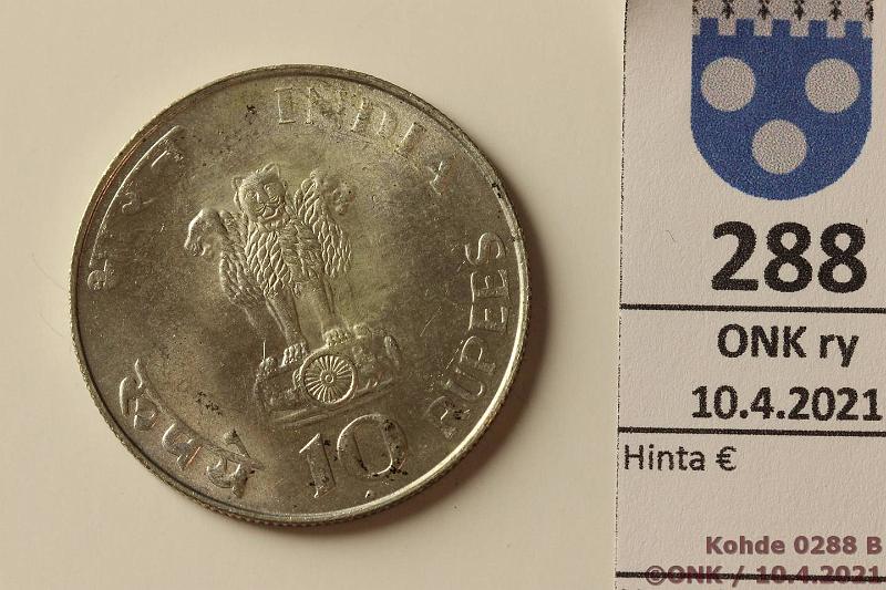 k-0288-b.jpg - Kohde 288 (kuva 2/2), lhthinta: 10 € / myyntihinta: 10 € Intia 10 rupees ND (1969) KM#185 Ag, 15g/800, Mahatma Gandhi, Mumbai, kunto: 7