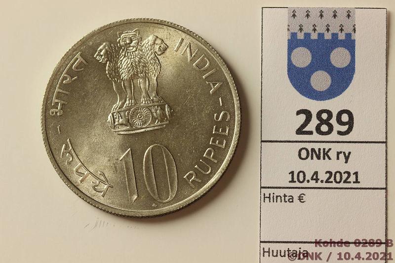 k-0289-b.jpg - Kohde 289 (kuva 2/2), lhthinta: 10 € / myyntihinta: 10 € Intia 10 rupees ND (1972) KM#187.1 Ag, 22,5g/500, Itsenisyys 25 v, Mumbai, kunto: 8