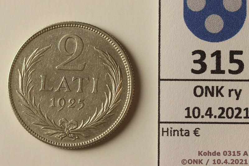 k-0315-a.jpg - Kohde 315 (kuva 1/2), lhthinta: 5 € / myyntihinta: 5 € Latvia 2 lati 1925 KM#8 Ag, 10g/835, kunto: 5