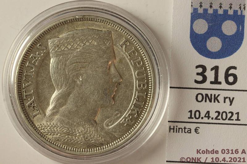 k-0316-a.jpg - Kohde 316 (kuva 1/2), lhthinta: 15 € / myyntihinta: 15 € Latvia 5 lati 1929 KM#9 Ag, 25g/835, kaps, kunto: 6