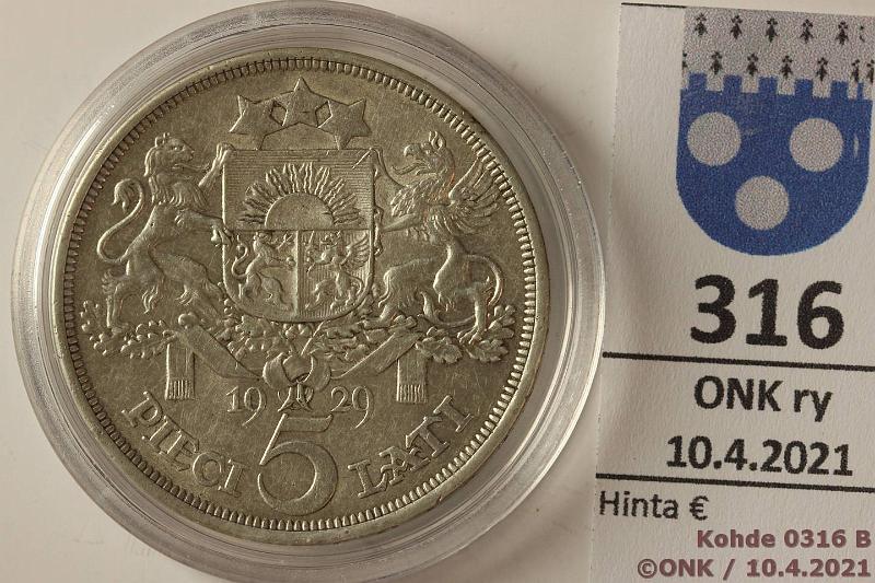 k-0316-b.jpg - Kohde 316 (kuva 2/2), lhthinta: 15 € / myyntihinta: 15 € Latvia 5 lati 1929 KM#9 Ag, 25g/835, kaps, kunto: 6