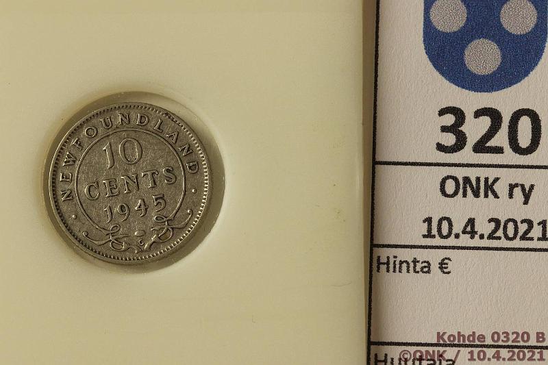 k-0320-b.jpg - Kohde 320 (kuva 2/2), lhthinta: 5 € / myyntihinta: 6 € Newfoundland 10 cents 1945 KM#20a Ag, 2,33g/800, kunto: 5