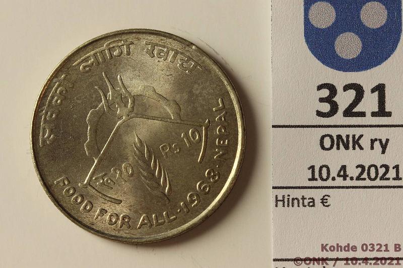 k-0321-b.jpg - Kohde 321 (kuva 2/2), lhthinta: 5 € / myyntihinta: 7 € Nepal 10 rupee 1968 KM#794 Ag, 15,6g/600, F.A.O., kunto: 7