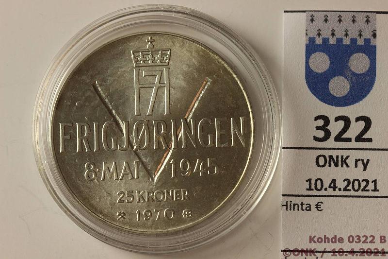 k-0322-b.jpg - Kohde 322 (kuva 2/2), lhthinta: 10 € / myyntihinta: 14 € Norja 25 kr 1970 KM#414 Ag, 29g/875, 25 v Norjan vapautuksesta, kunto: 9