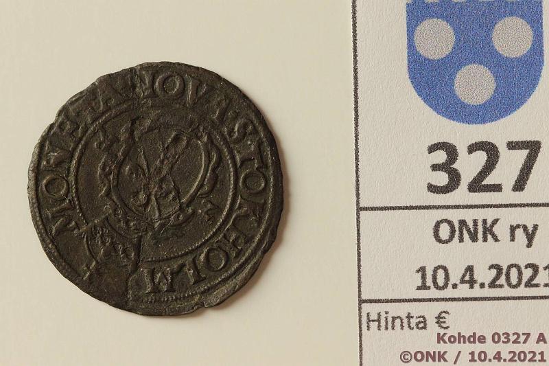 k-0327-a.jpg - Kohde 327 (kuva 1/2), lhthinta: 30 € / ei tarjouksia Ruotsi 2  1573 MB#146.2 Ag, 2,86g/500, Johan III Type III, rvja, kunto: 4