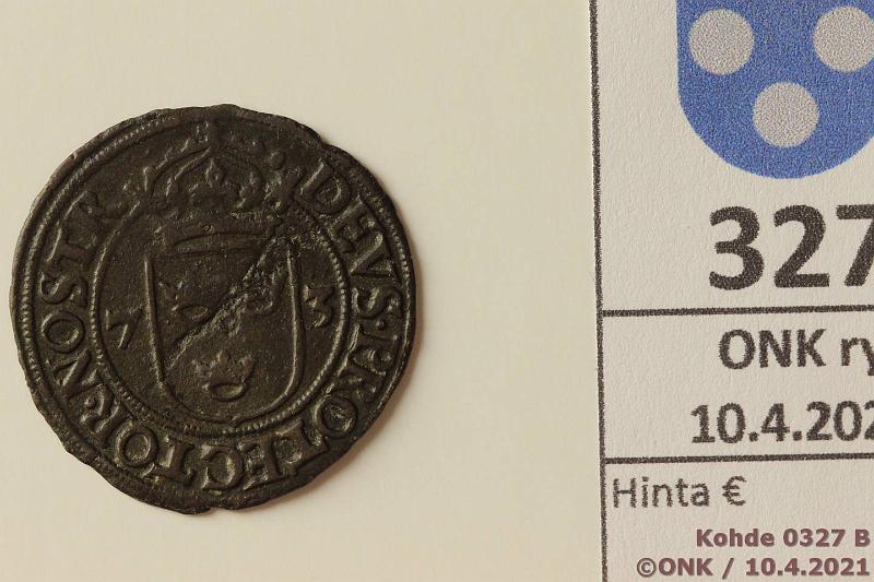 k-0327-b.jpg - Kohde 327 (kuva 2/2), lhthinta: 30 € / ei tarjouksia Ruotsi 2  1573 MB#146.2 Ag, 2,86g/500, Johan III Type III, rvja, kunto: 4