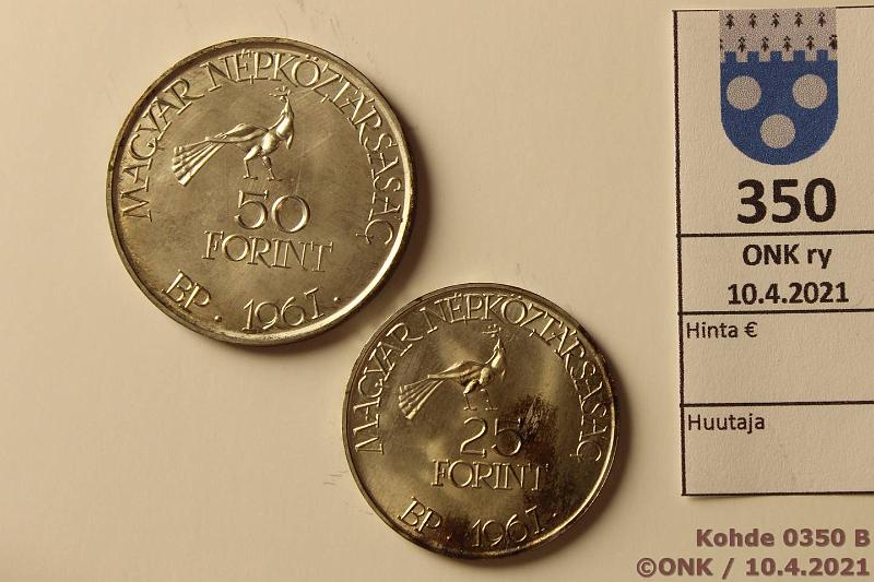 k-0350-b.jpg - Kohde 350 (kuva 2/2), lhthinta: 10 € / myyntihinta: 18 € Unkari 25 + 50 forint 1967 KM#577, 578 Ag, 12g/750; 20g/750, molemmat Kodaly 85 v, phpja, vrjym, kunto: 9