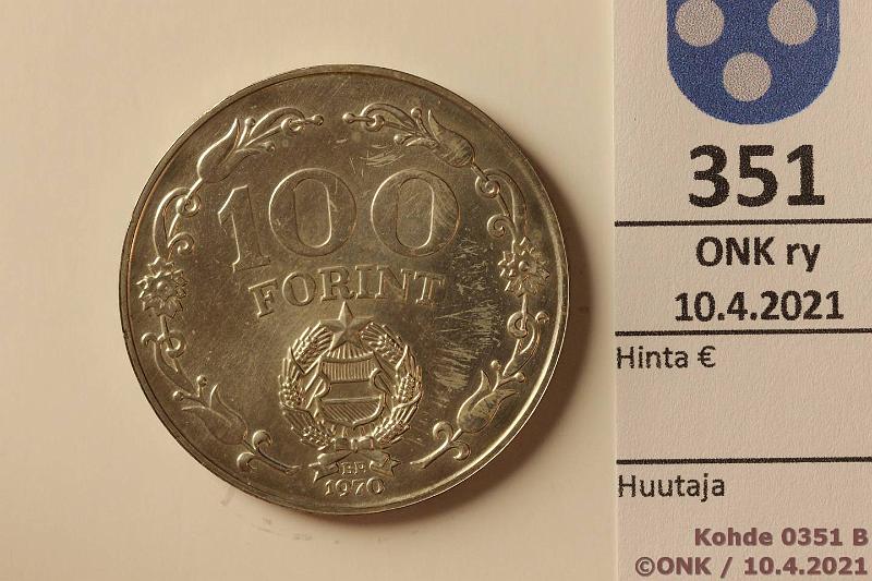 k-0351-b.jpg - Kohde 351 (kuva 2/2), lhthinta: 10 € / myyntihinta: 16 € Unkari 100 forint 1970 KM#593 Ag, 22g/640, Vapautus 25 v, kunto: 9