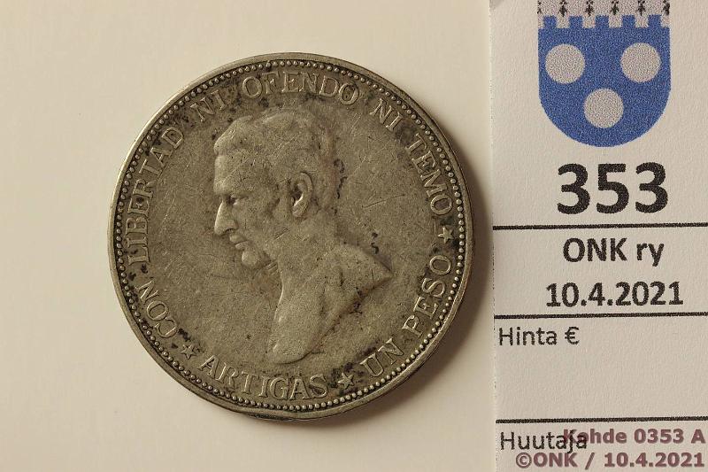 k-0353-a.jpg - Kohde 353 (kuva 1/2), lhthinta: 10 € / myyntihinta: 17 € Uruguay 1 peso 1917 KM#23 Ag, 25g/725, rvja, kunto: 4