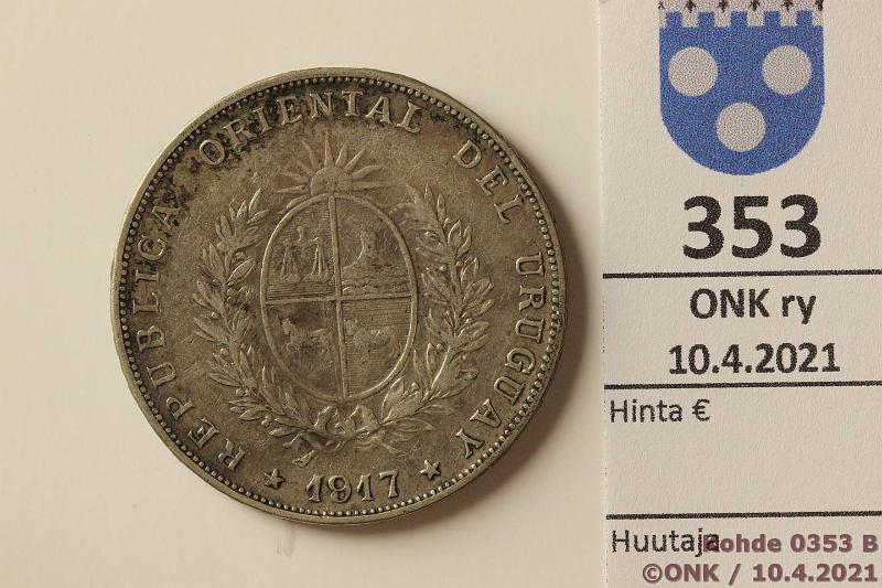 k-0353-b.jpg - Kohde 353 (kuva 2/2), lhthinta: 10 € / myyntihinta: 17 € Uruguay 1 peso 1917 KM#23 Ag, 25g/725, rvja, kunto: 4