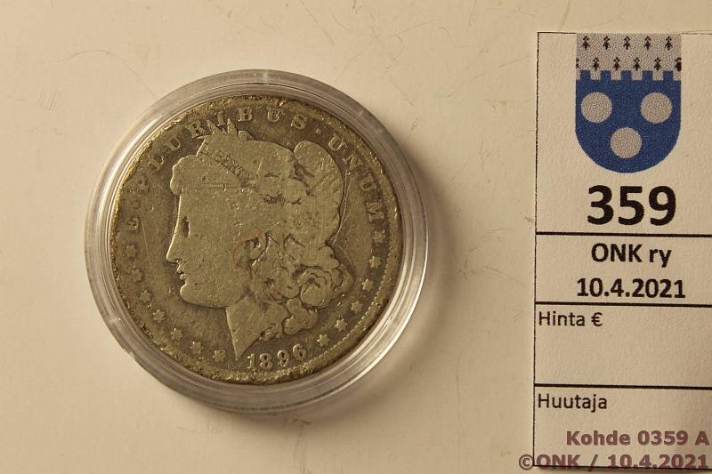 k-0359-a.jpg - Kohde 359 (kuva 1/2), lhthinta: 10 € / myyntihinta: 13 € USA 1 $ 1896O KM#110 Ag, 26,73g/900, kaps, kunto: 1