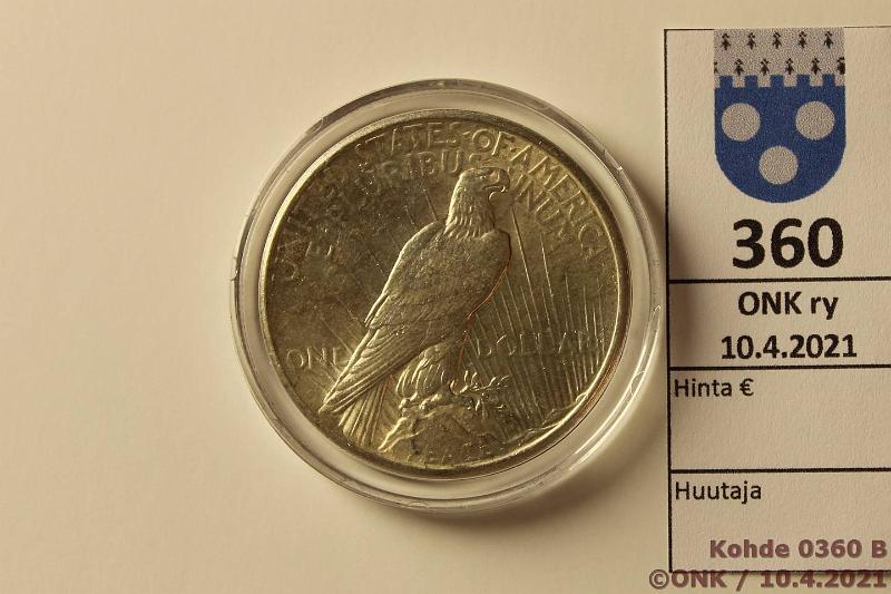 k-0360-b.jpg - Kohde 360 (kuva 2/2), lhthinta: 10 € / myyntihinta: 17 € USA 1 $ 1925 KM#150 Ag, 26,73g/900, kaps, tod, kunto: 7