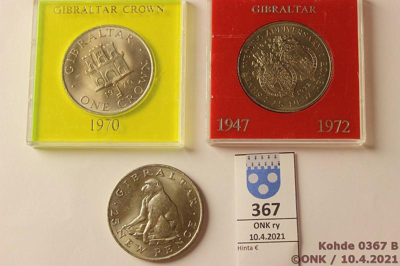 k-0367-b.jpg - Kohde 367 (kuva 2/2), lhthinta: 5 € / myyntihinta: 9 € Gibraltar 25 new pence(2) + 1 crown 1970-72 KM#4-6 CuNi, 1cr 1970; 25p 1971, -72, kunto: 9