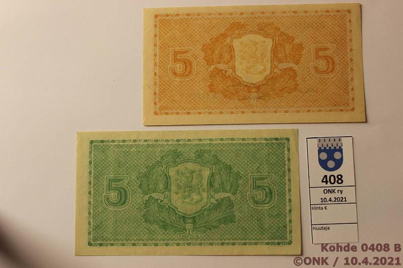 k-0408-b.jpg - Kohde 408 (kuva 2/2), lhthinta: 13 € / myyntihinta: 26 € 5 mk 1939 LD, -45 LA SNY 133, 134.1, 1939 LD 852..RAI-Als vl 1, 1945 LA A00..RAI-Wah, painumia, kunto: 7, 8