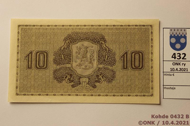 k-0432-b.jpg - Kohde 432 (kuva 2/2), lhthinta: 40 € / myyntihinta: 58 € 10 mk 1922 SNY 143.1 B0047205 BA II-His, painumia, pieni kulmataite, harv ak-pari (v), kunto: 8