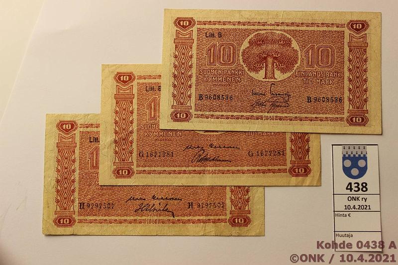 k-0438-a.jpg - Kohde 438, lhthinta: 5 € / myyntihinta: 5 € 10 mk 1945 LB (3) SNY 145.2 B960..TUO-AAs, G..KEK-Wah, harv ak-pari (v); H..KEK-Als, kunto: 3-5