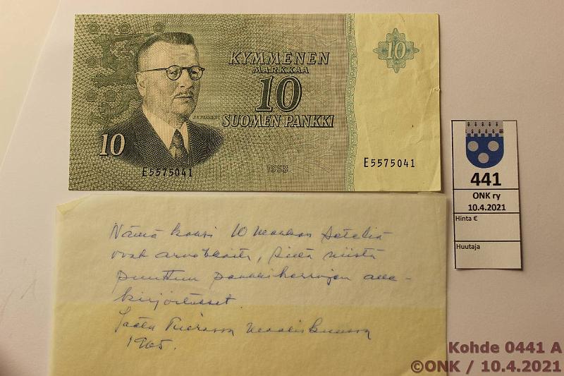 k-0441-a.jpg - Kohde 441 (kuva 1/2), lhthinta: 1500 € / myyntihinta: 1910 € 10 mk 1963 Ilman ak SNY 146.2 E5575041, ilman allekirjoituksia, vl 2. Mukana lytjn kertomus vuodelta 1965, kunto: 6