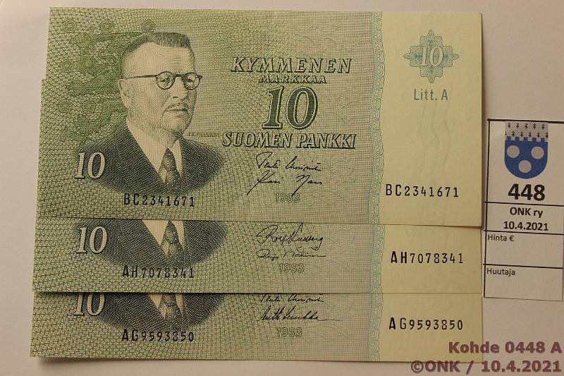 k-0448-a.jpg - Kohde 448, lhthinta: 12 € / myyntihinta: 15 € 10 mk 1963 LA (3) SNY 146.5 AG..UUS-Luu, AH..KU I-M1, BC..UUS-Nar, kunto: 8-9