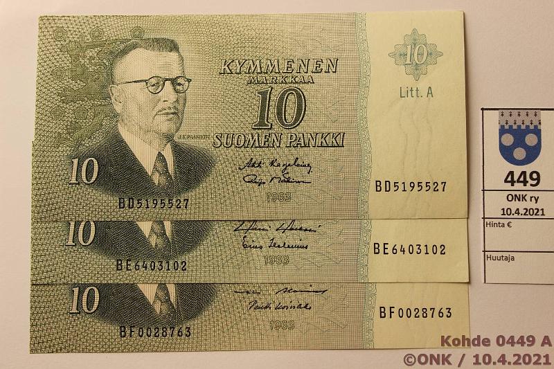 k-0449-a.jpg - Kohde 449, lhthinta: 12 € / myyntihinta: 12 € 10 mk 1963 LA (3) SNY 146.5 BD..KA I-M1, BE..HOL-Hes, BF..AL I-Ko1, kunto: 7-9